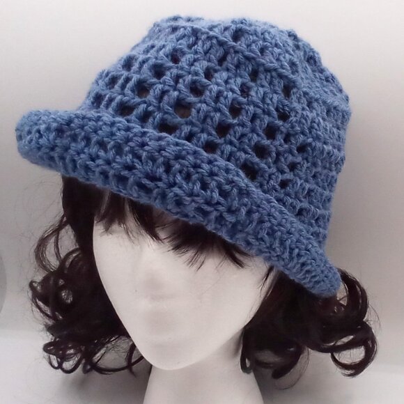 Handmade Unisex Crochet Boho Bucket Sun Hat in Color Denim Blue - Picture 1 of 4